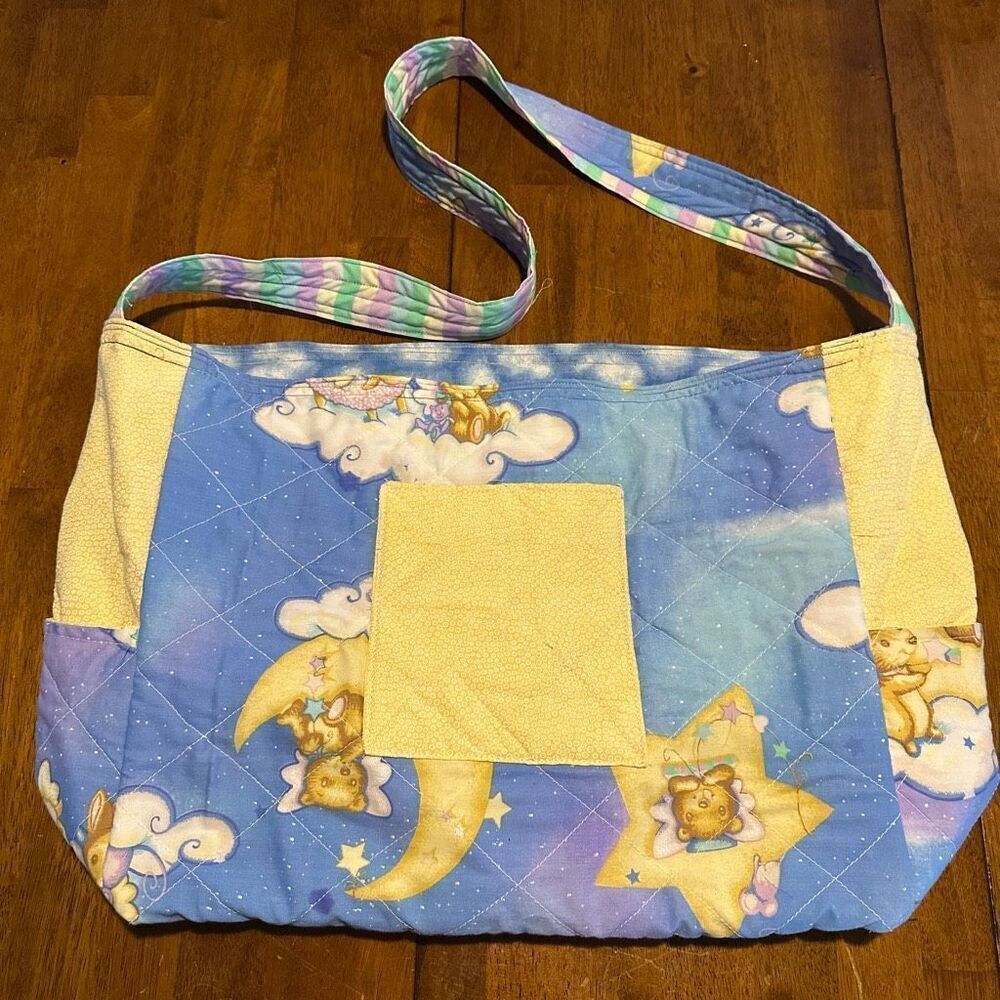 Vintage Style Handmade Quilted Baby Diaper Bag Tote Bear Moon Stars 21”x13”